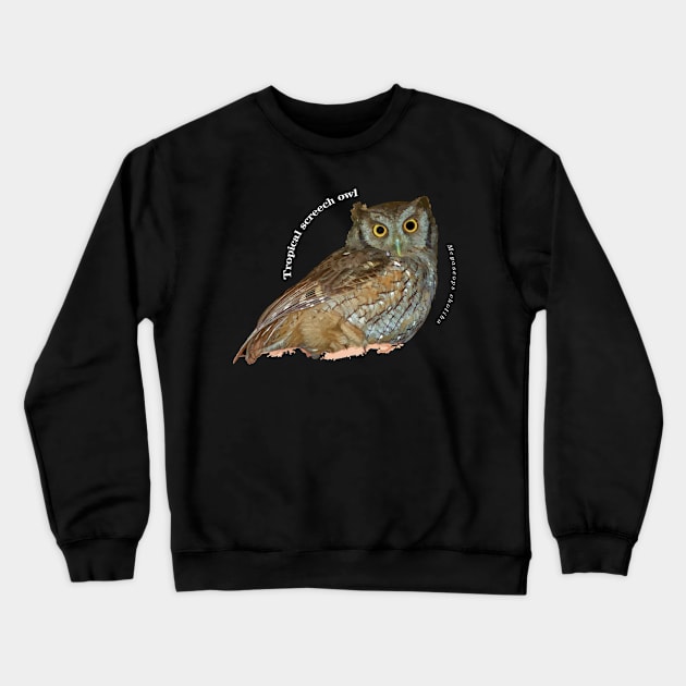 Tropical screech owl unde a roof pin white text Crewneck Sweatshirt by Ornamentum